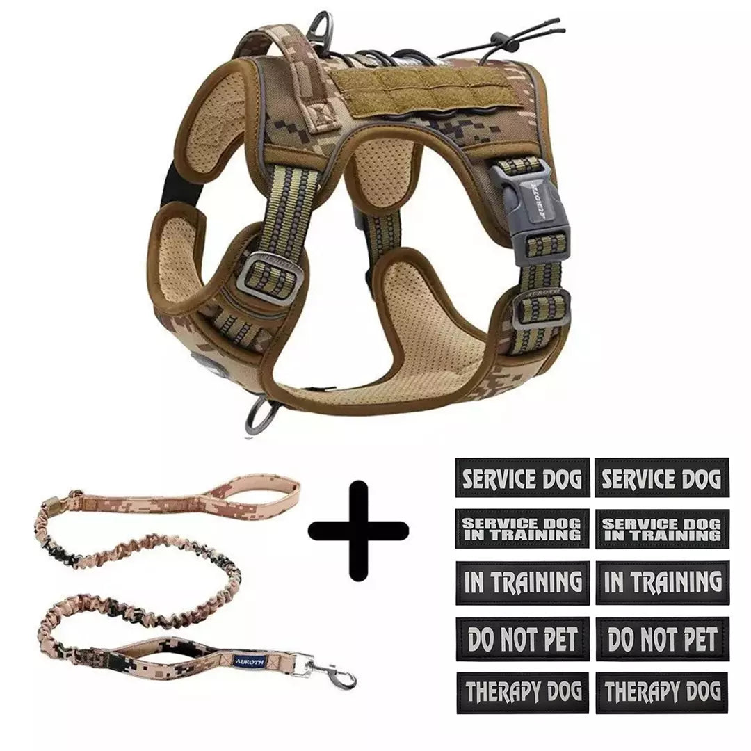 large desert camo dog harness with 10 Patch Set