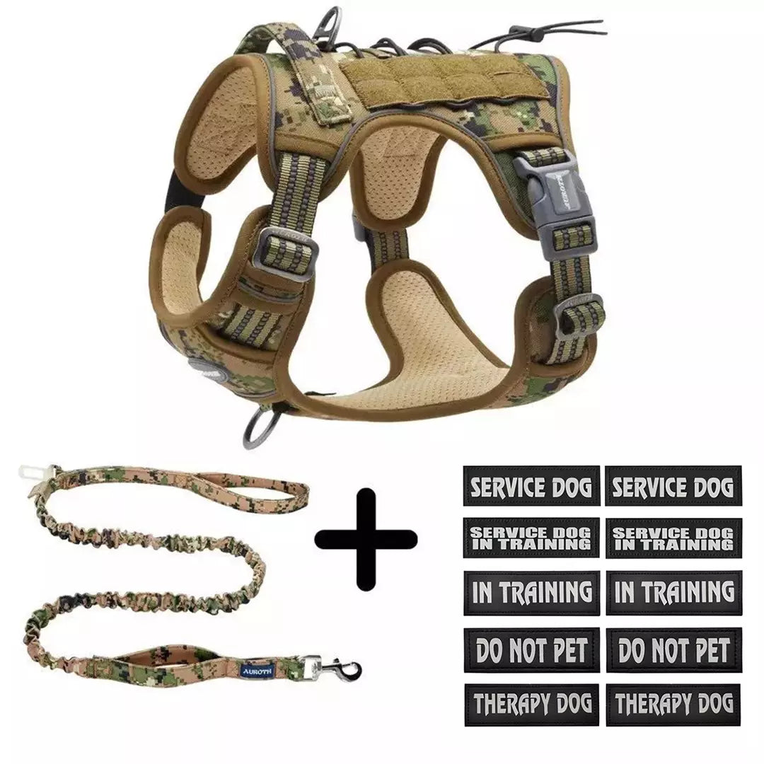 large wood land camo dog harness with 10 Patch Set
