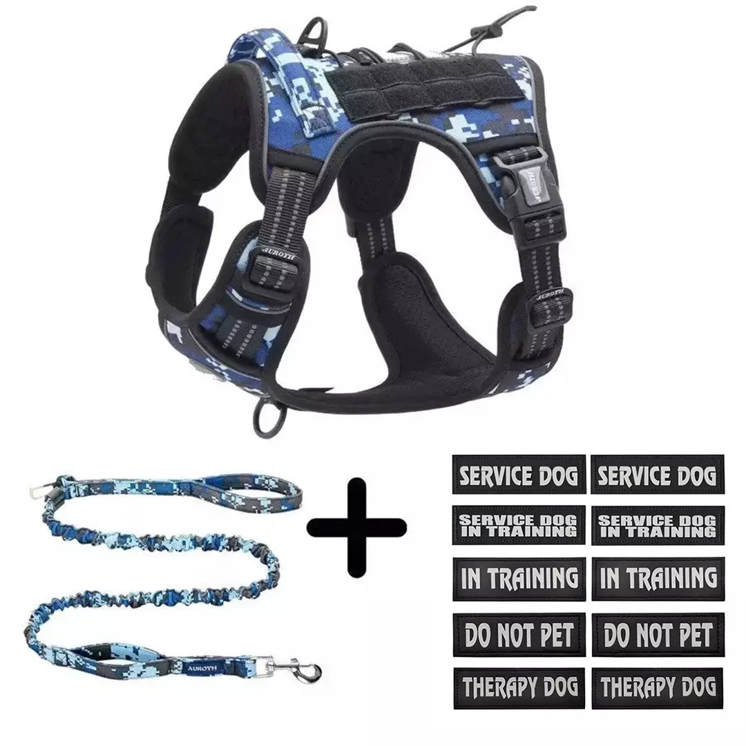 large blue camo dog harness with 10 Patch Set