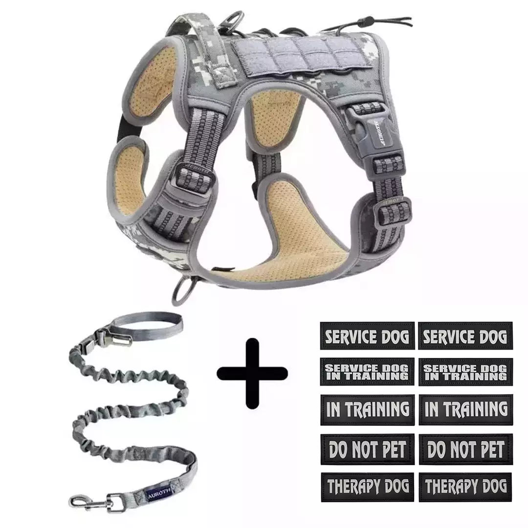large grey camo dog harness with 10 Patch Set