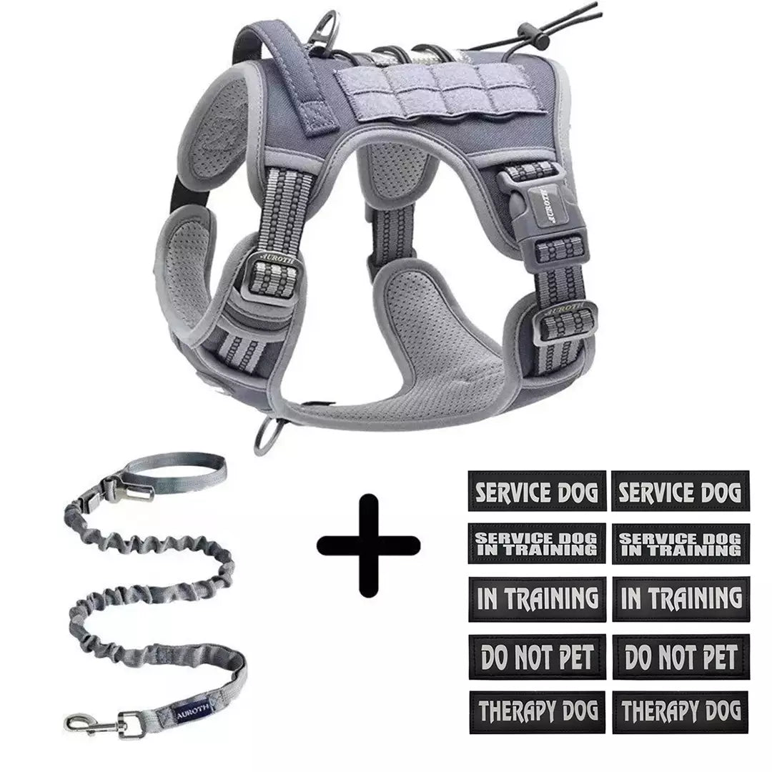 large grey dog harness with 10 Patch Set